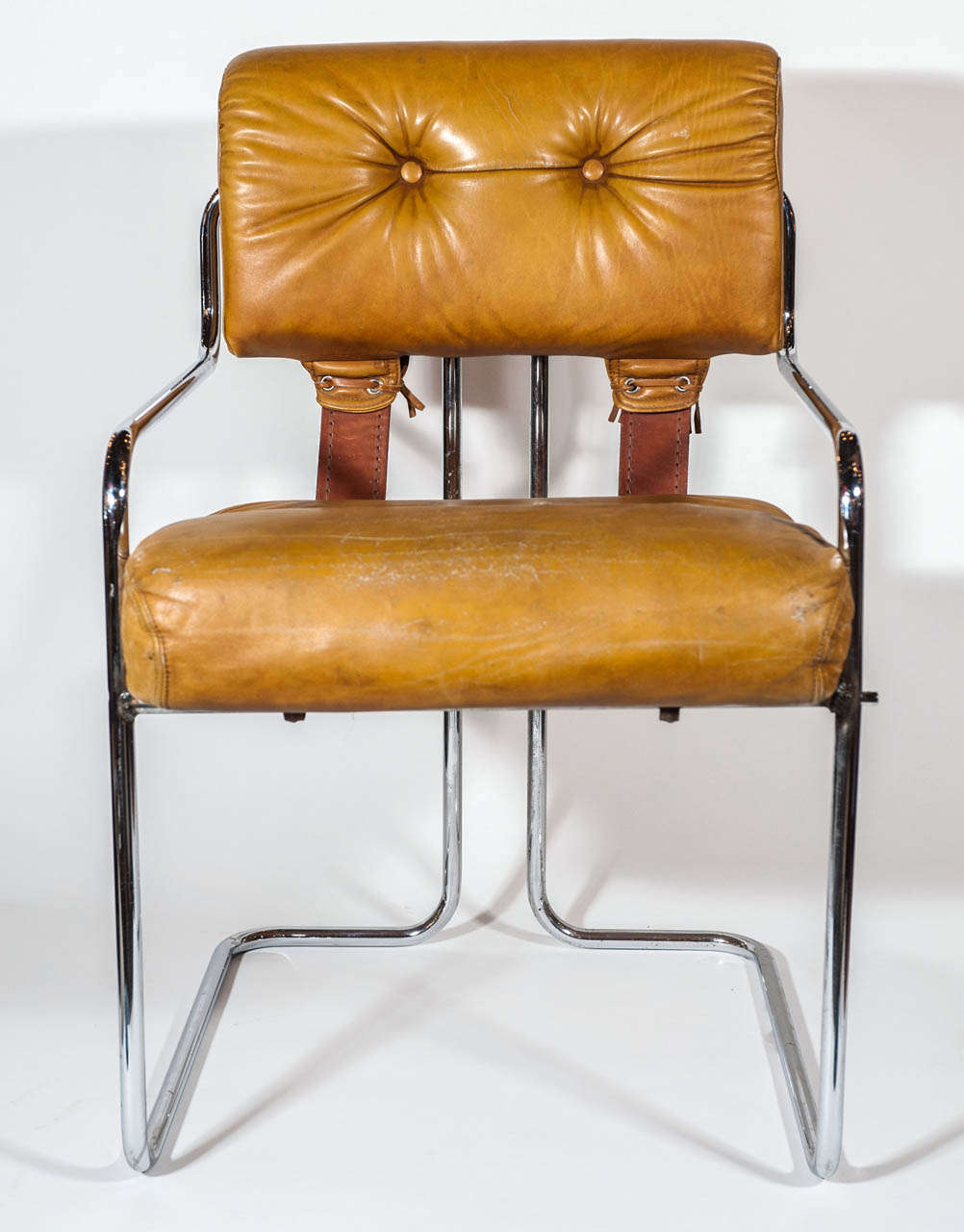 Tubular chrome frame with original leather upholstery and buckles.
Supremely comfortable.
Provenance possibly Japanese