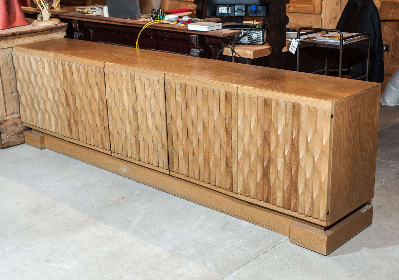 20th Century Brutalist Credenza, with Solid Oak graphic carved front in 3 dimensional appeal, c. 1970 Belgium