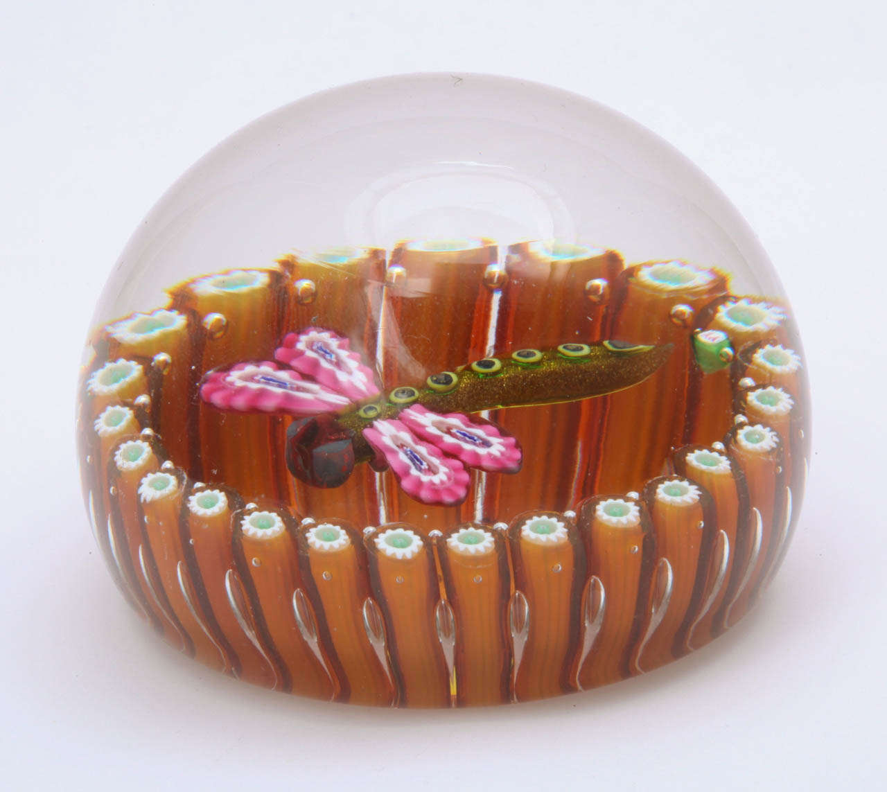An Early Paul Ysart Dragonfly In Millefiori Basket Paperweight
