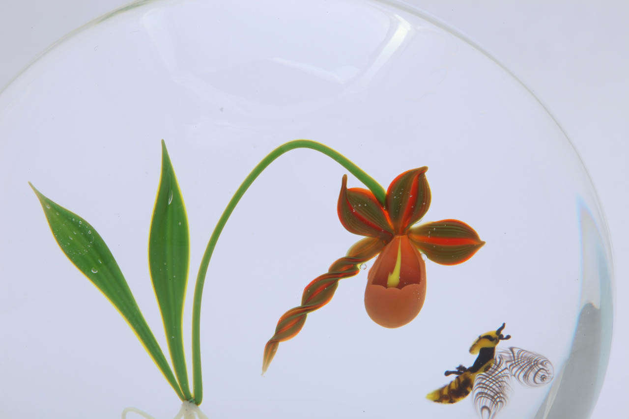 American An Early Paul Stankard Orchid And Bee Paperweight For Sale