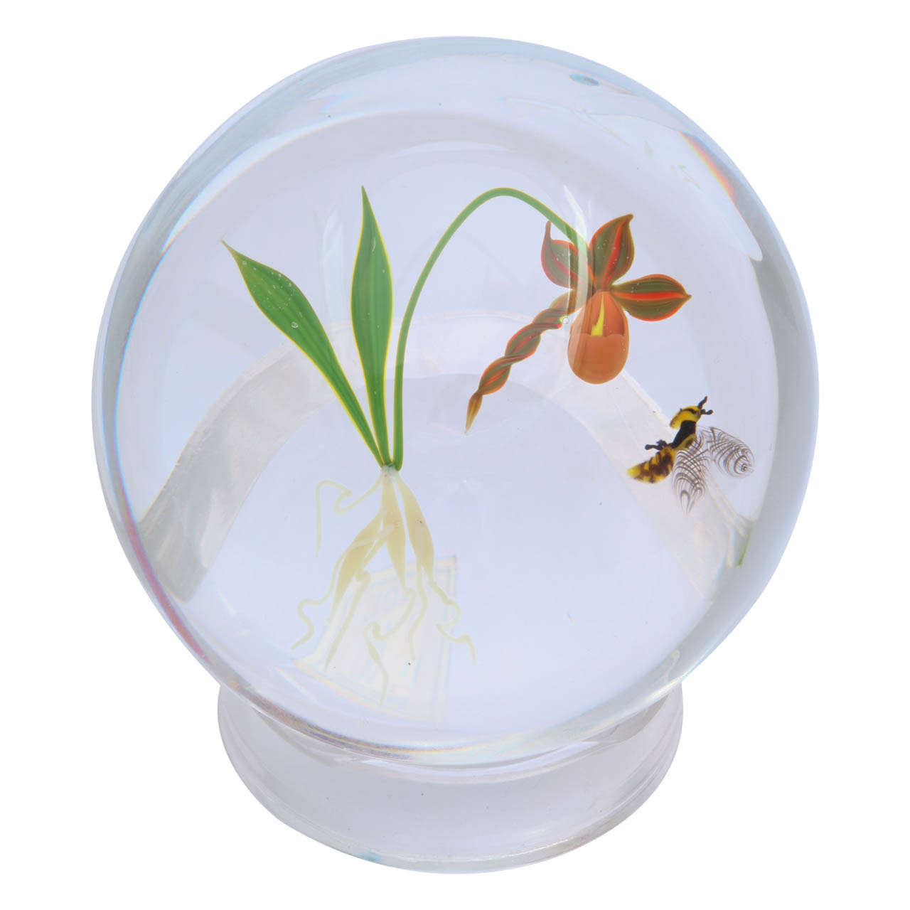 An Early Paul Stankard Orchid And Bee Paperweight For Sale