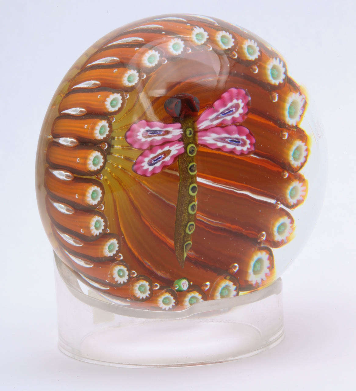 An Early Paul Ysart Dragonfly In Millefiori Basket Paperweight For Sale