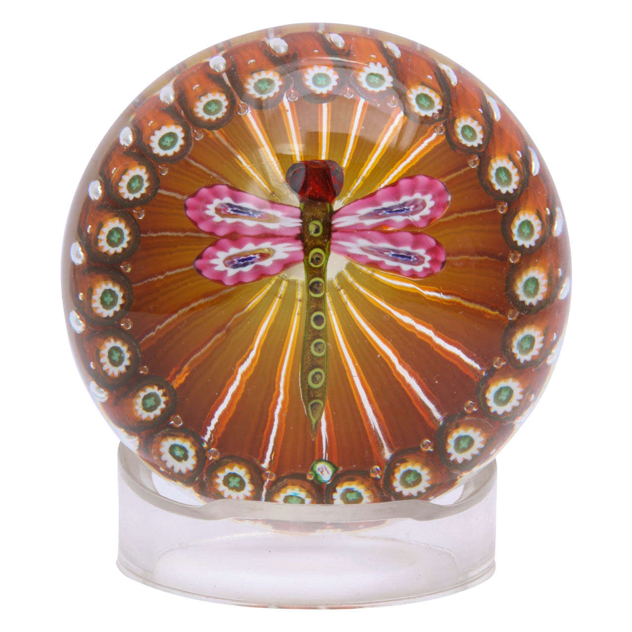 An Early Paul Ysart Dragonfly In Millefiori Basket Paperweight For Sale