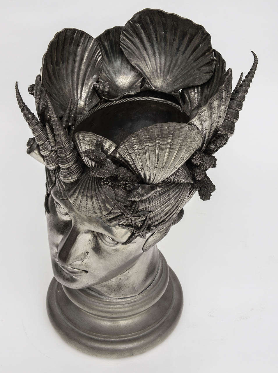 Pewter Champagne Cooler Shell Encrusted Head of Neptune In Excellent Condition In Kensington, MD
