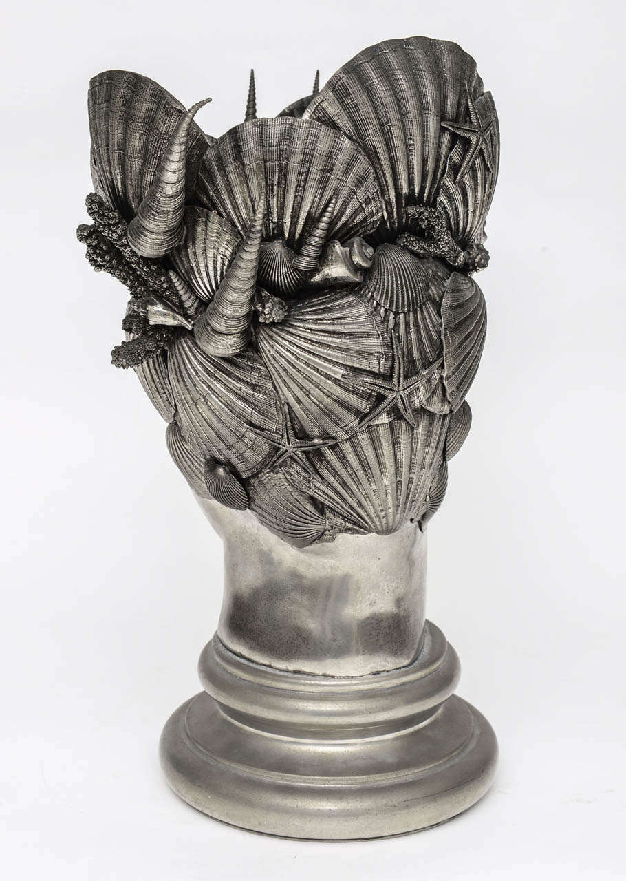 20th Century Pewter Champagne Cooler Shell Encrusted Head of Neptune