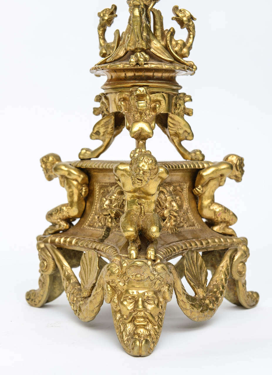 Italian Pair Gilt Bronze Andirons in the Style of Andrea Briosco (Riccio) For Sale