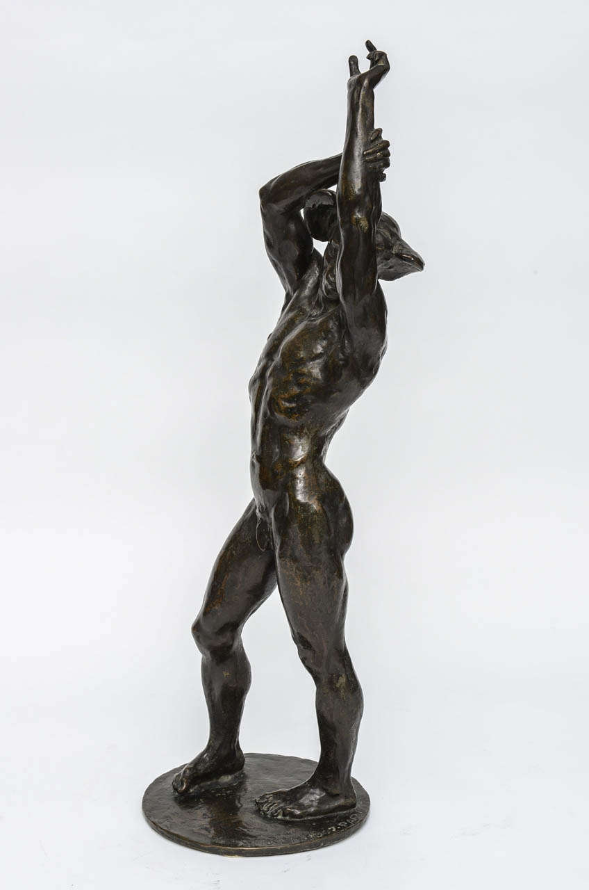 This particularly handsome and languid model of Mercury with arms stretched above his head was conceived, modeled, cast and signed by Robert Ingersoll Aitken (1878-1949) an American sculptor born in San Francisco who studied and worked in Paris and