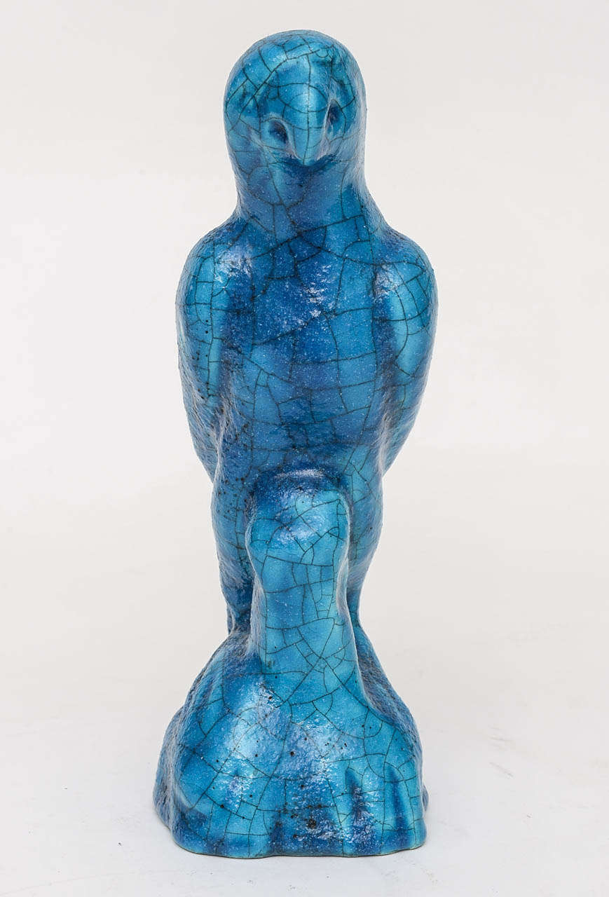 French Turquoise Blue Statuette of a Parrot by Edmond Lachenal