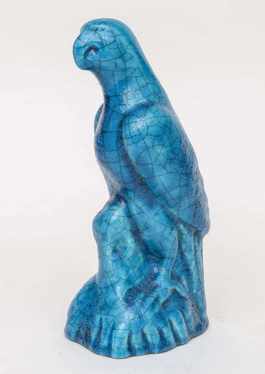 Turquoise Blue Statuette of a Parrot by Edmond Lachenal In Excellent Condition In Kensington, MD