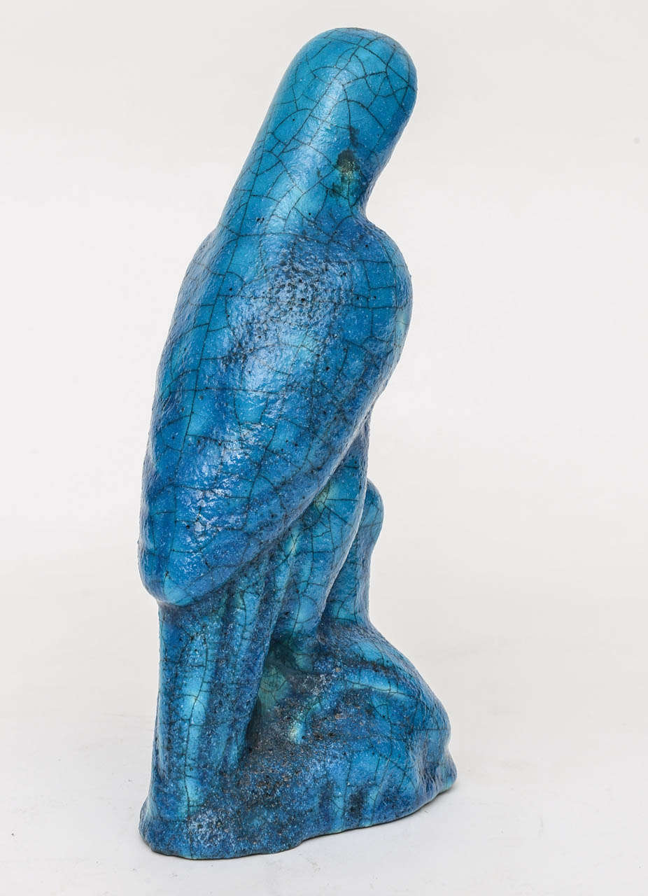 Mid-20th Century Turquoise Blue Statuette of a Parrot by Edmond Lachenal