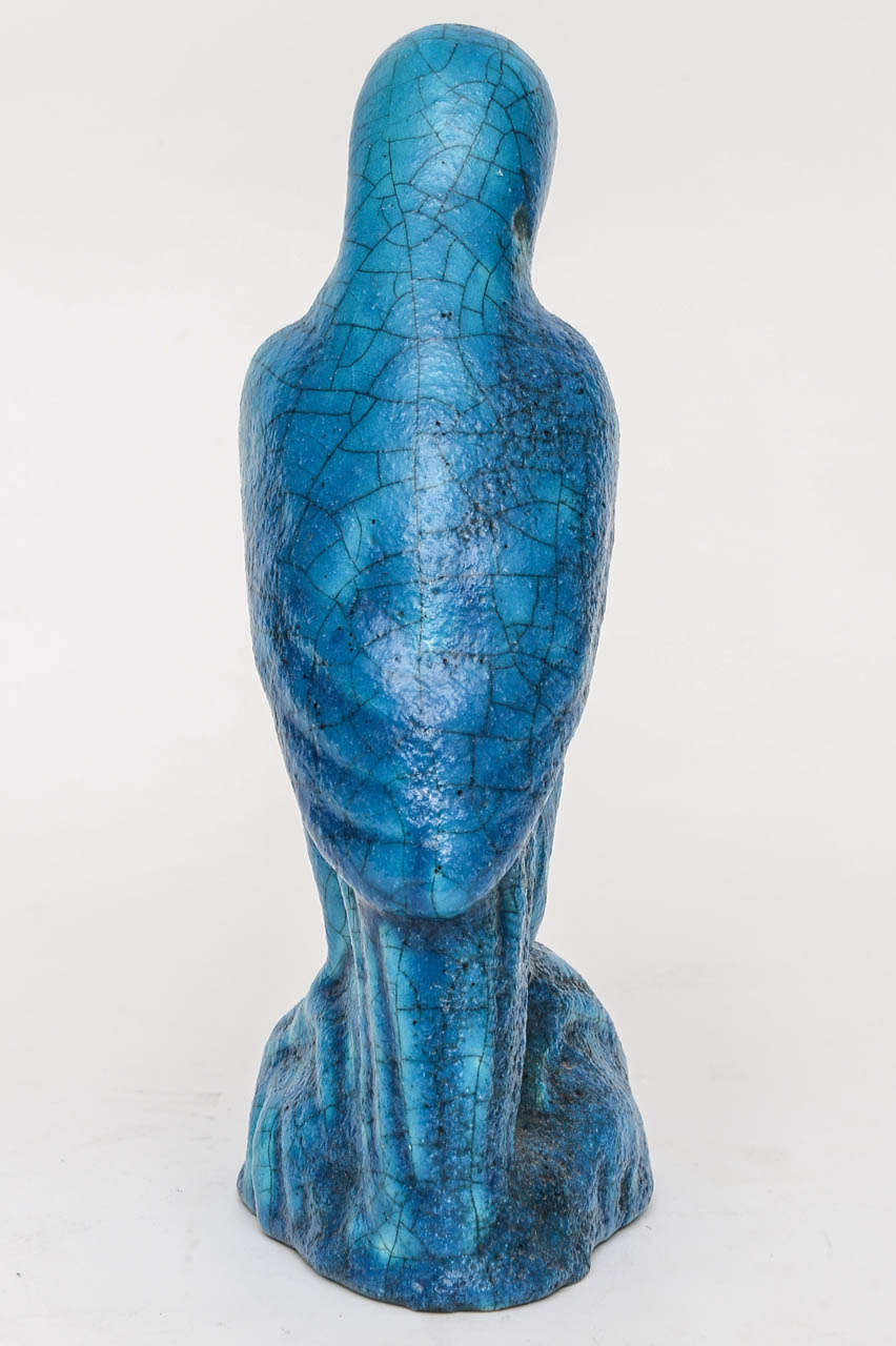 Earthenware Turquoise Blue Statuette of a Parrot by Edmond Lachenal