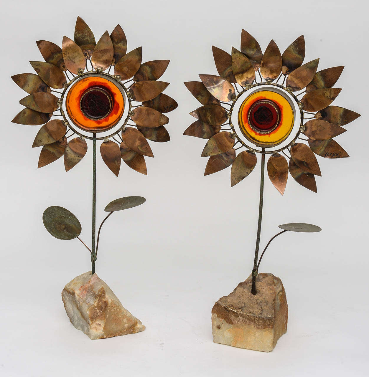 Mid-Century Modern Pair of Curtis Jere Brass and Resin Sunflowers