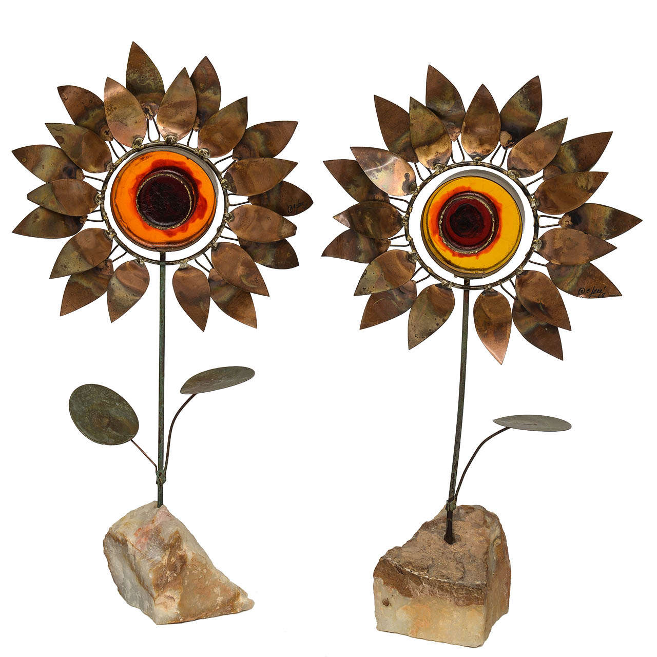 Pair of Curtis Jere Brass and Resin Sunflowers