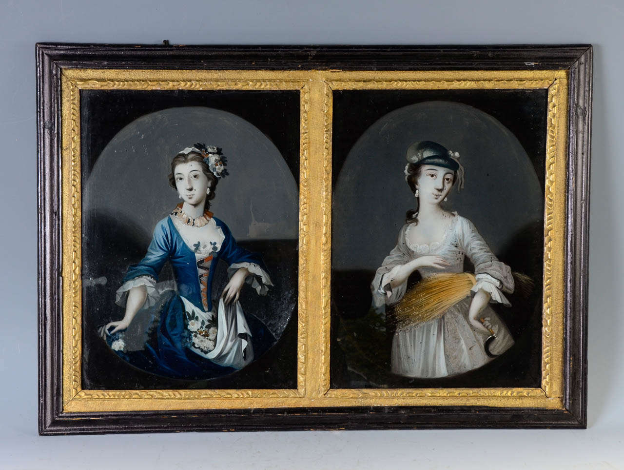 Fixed under glass of 2 magnificent young women (18th century) representing the spring and the summer.The spring with the hatching of flowers and summer with forgery and the wheat cut .Golden and carved fine frame.