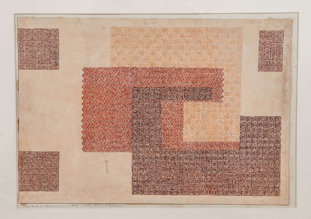 Cubist style study for a carpet, gouache on paper, by the great Art Deco designer Da Silva Bruhns. Signed and dated.