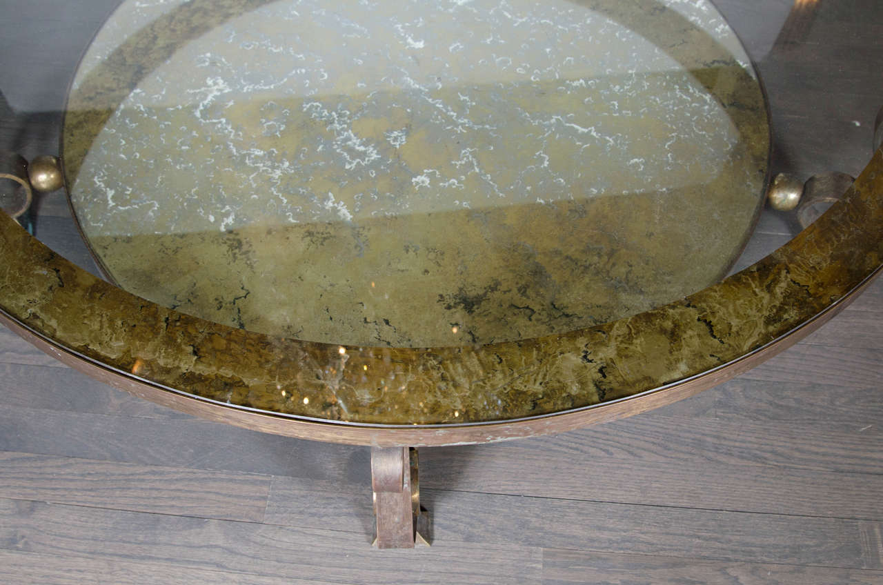 Patinated Scroll Leg Mid-Century Modernist Table by Arturo Pani in Bronze and Églomisé