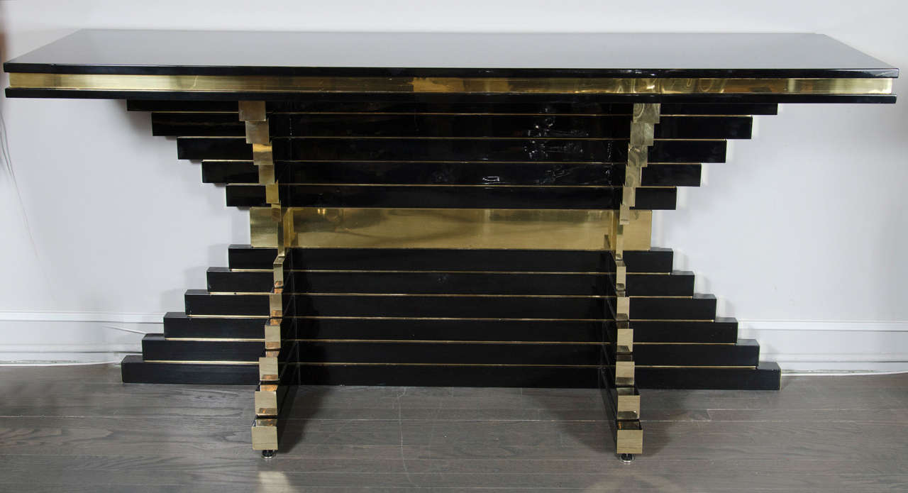 French super star actor Alain Delon (born 1935) turned his talents to design later in his career. He produced a number of items for Maison Jansen. This stunning console is a one of a kind. Designed by Alain Delon for Maison Jansen, it features a