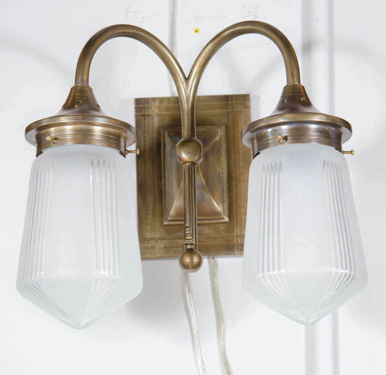 Pair of Gorgeous Art Deco Style Etched Two-Globe Sconce in Bronze