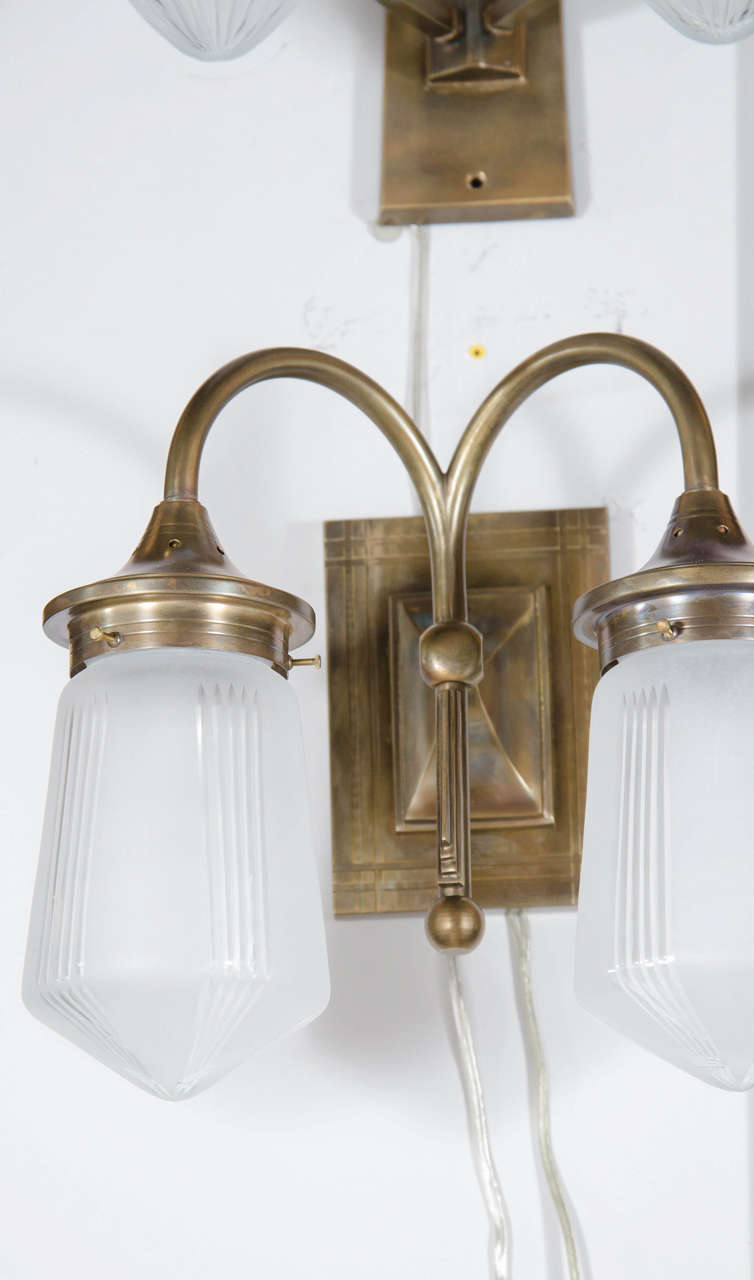 French Pair of Gorgeous Art Deco Style Etched Two-Globe Sconce in Bronze