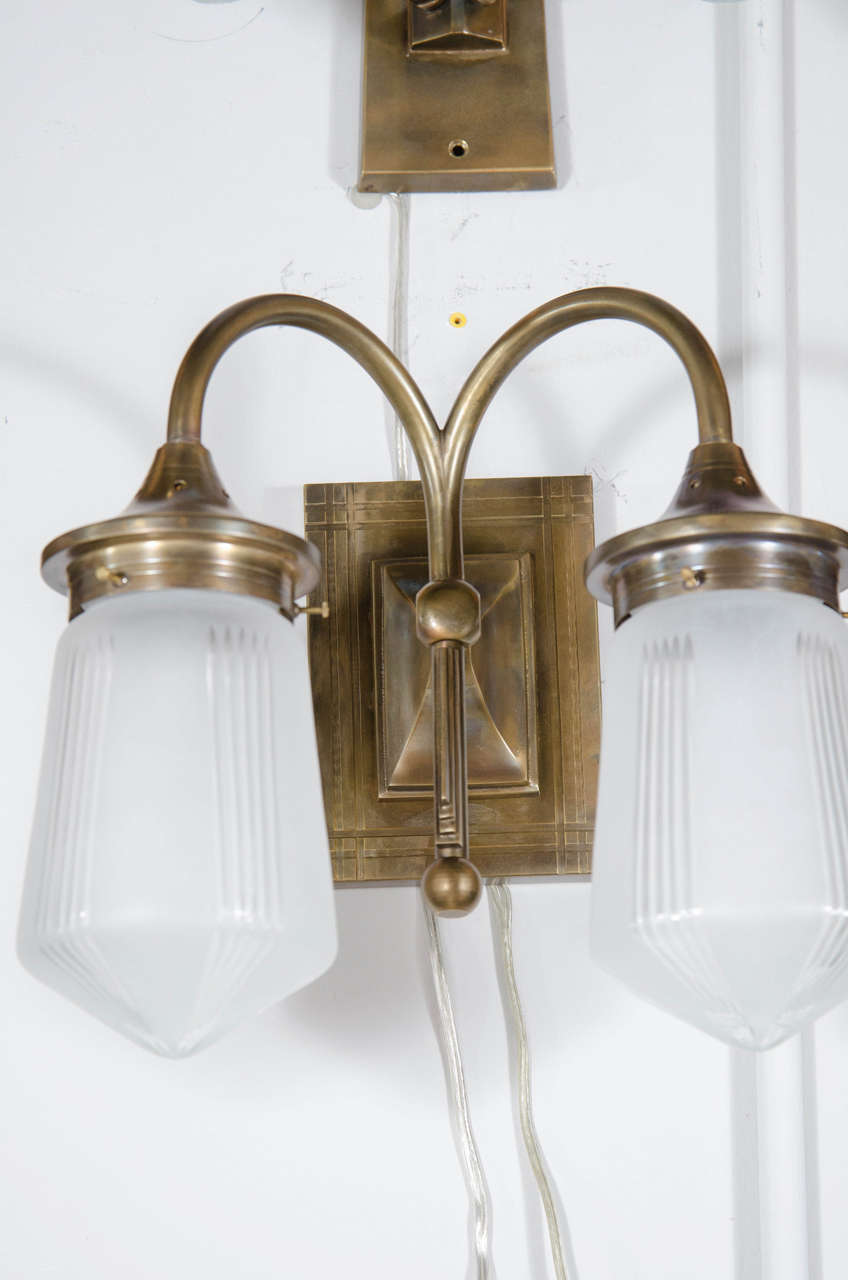Pair of Gorgeous Art Deco Style Etched Two-Globe Sconce in Bronze In Excellent Condition In New York, NY