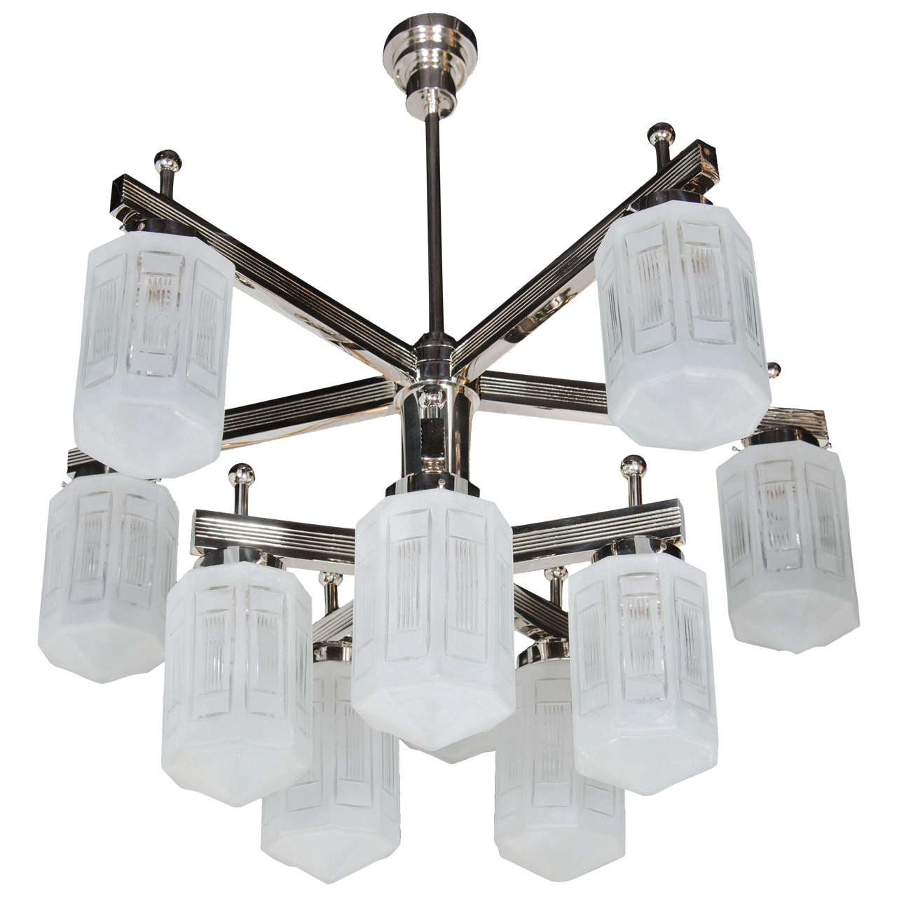 French Art Deco Revival Nickel 10-Arm Chandelier with Etched and Frosted Shades For Sale