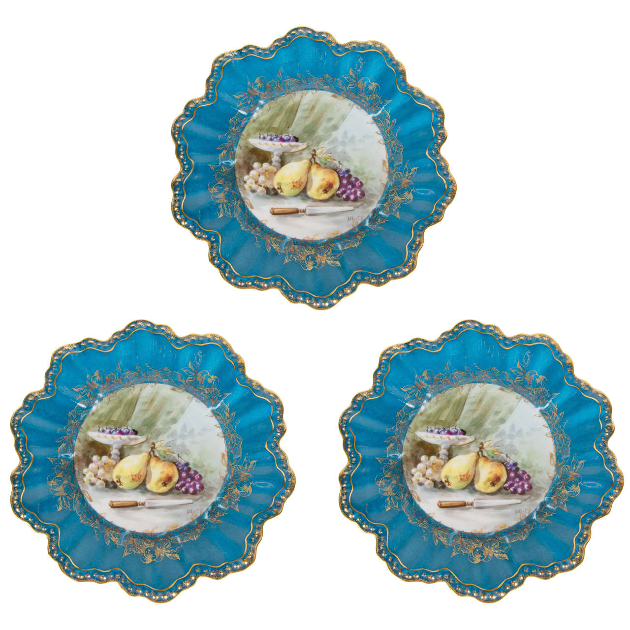 Elegant Set of 12 Belle Époque Hand-Painted Limoges Flambeau Dessert Service