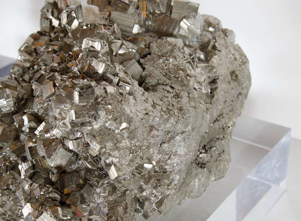 20th Century Impressive Pyrite Mineral Specimen on a Thick Lucite Base