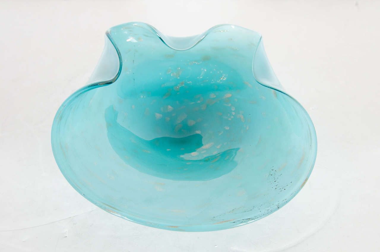 Gorgeous Mid-Century Organic Shaped Murano Glass Bowl in Robins Egg Blue