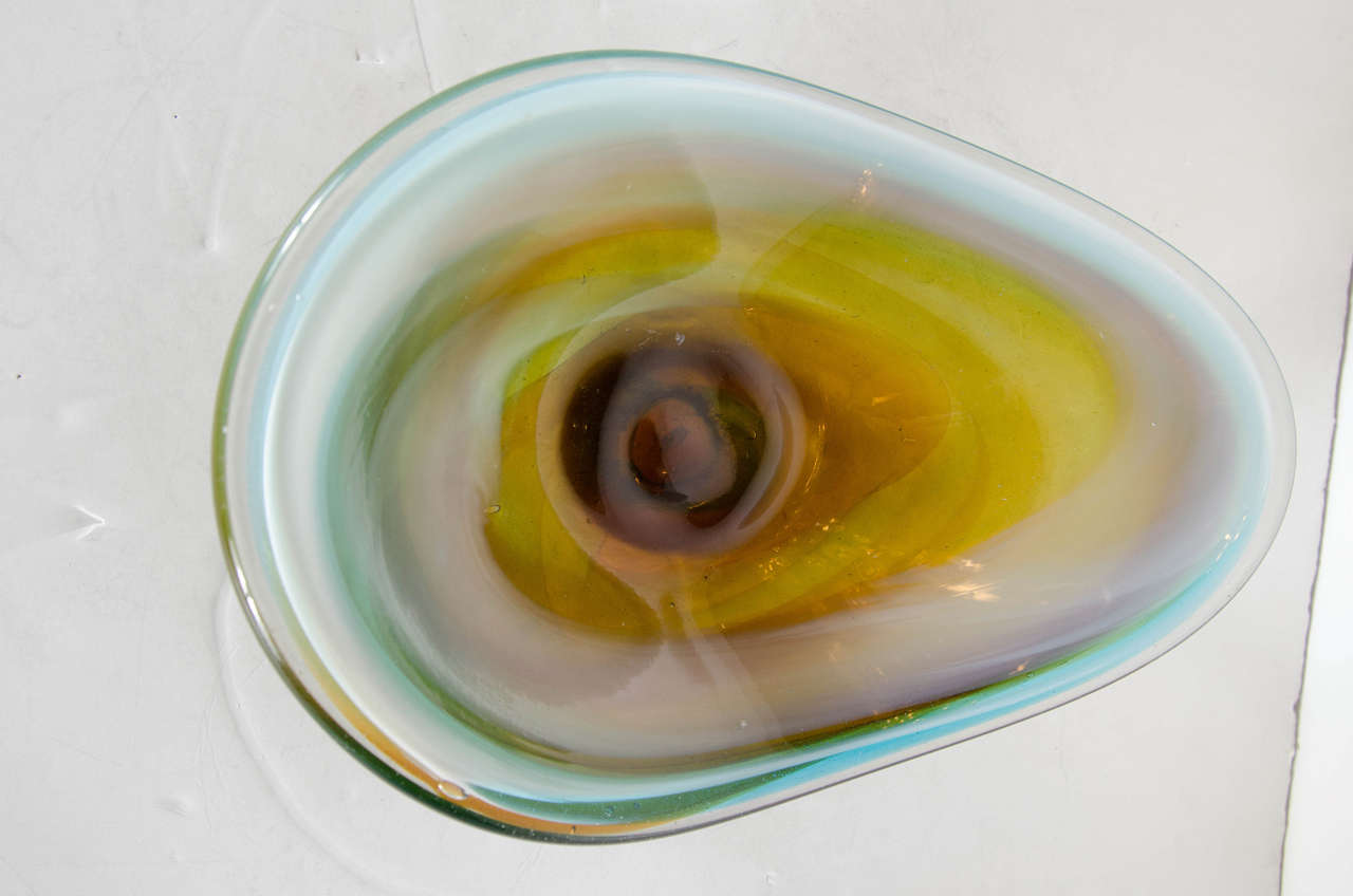Mid-Century Modern Hand-Blown Mid-Century Murano Glass Bowl in Hues of Amber, Aqua and Sky Blue
