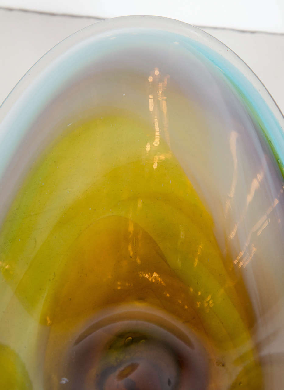 Italian Hand-Blown Mid-Century Murano Glass Bowl in Hues of Amber, Aqua and Sky Blue