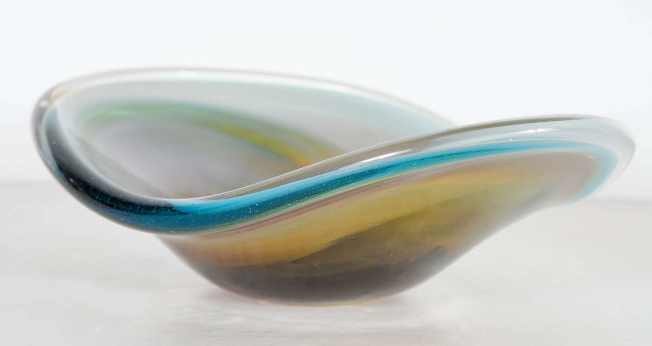 Mid-20th Century Hand-Blown Mid-Century Murano Glass Bowl in Hues of Amber, Aqua and Sky Blue