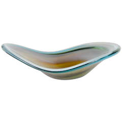 Hand-Blown Mid-Century Murano Glass Bowl in Hues of Amber, Aqua and Sky Blue