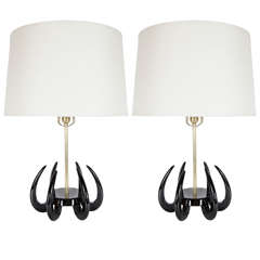 Sophisticated Pair of Sculptural Mid-Century Modern in Ebonized Walnut and Brass