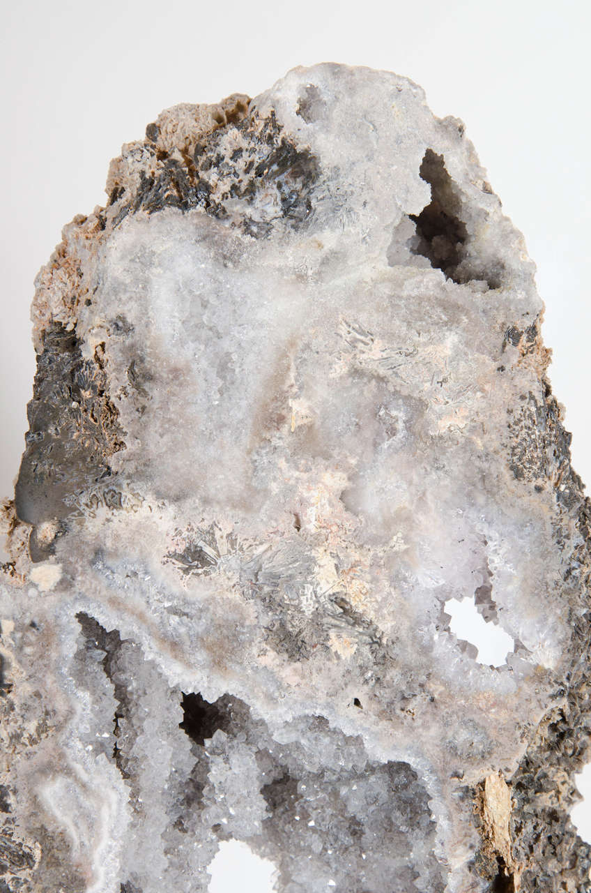 Organic Modern Phenomenal Organic Stone Geode Crystal Specimen on Ebonized walnut Stand