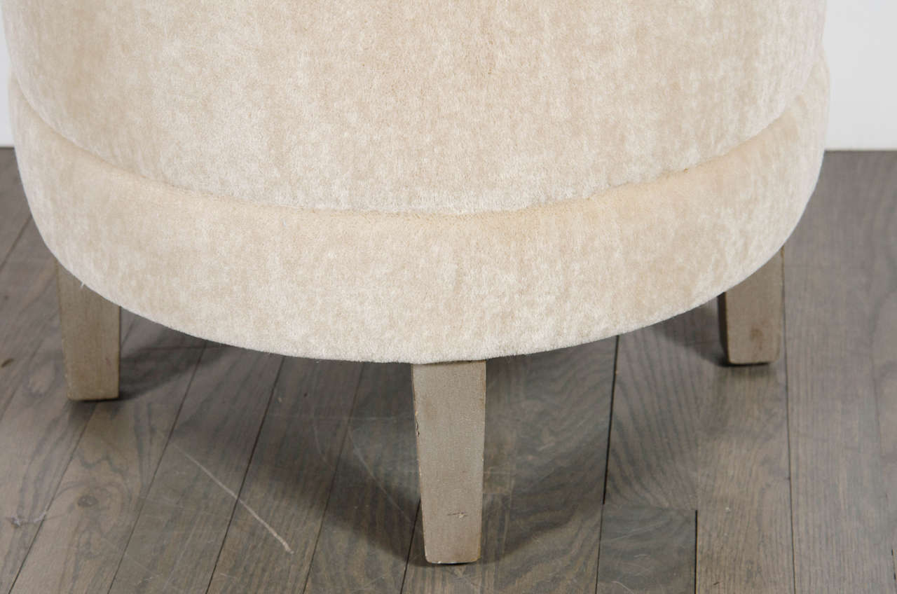 American Art Deco Round Stool in Camel Mohair with Button Detail and Silvered Legs