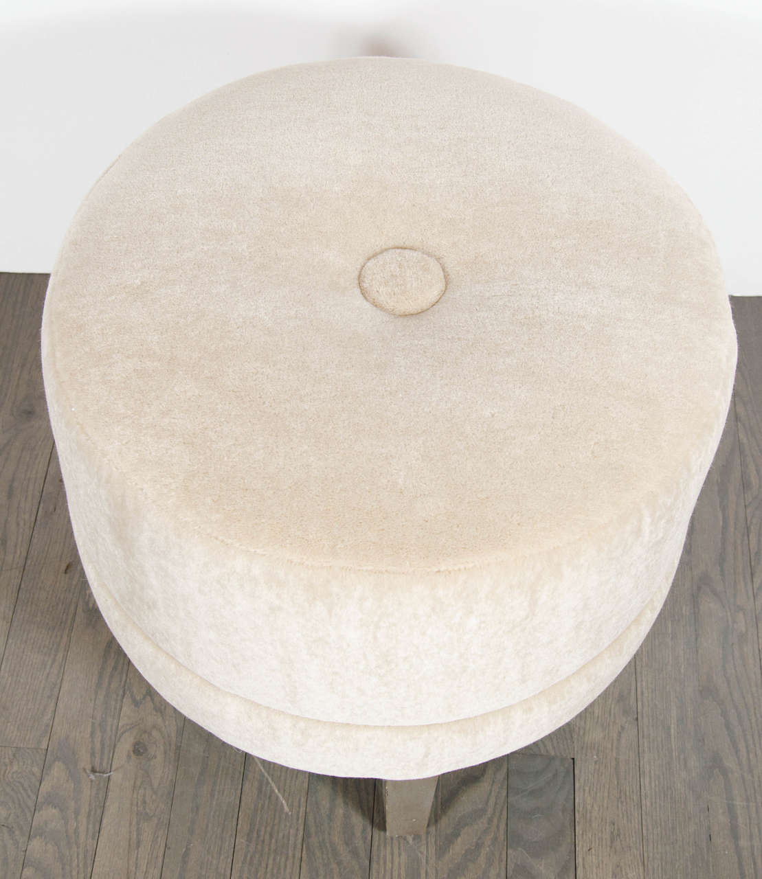 Art Deco Round Stool in Camel Mohair with Button Detail and Silvered Legs In Excellent Condition In New York, NY