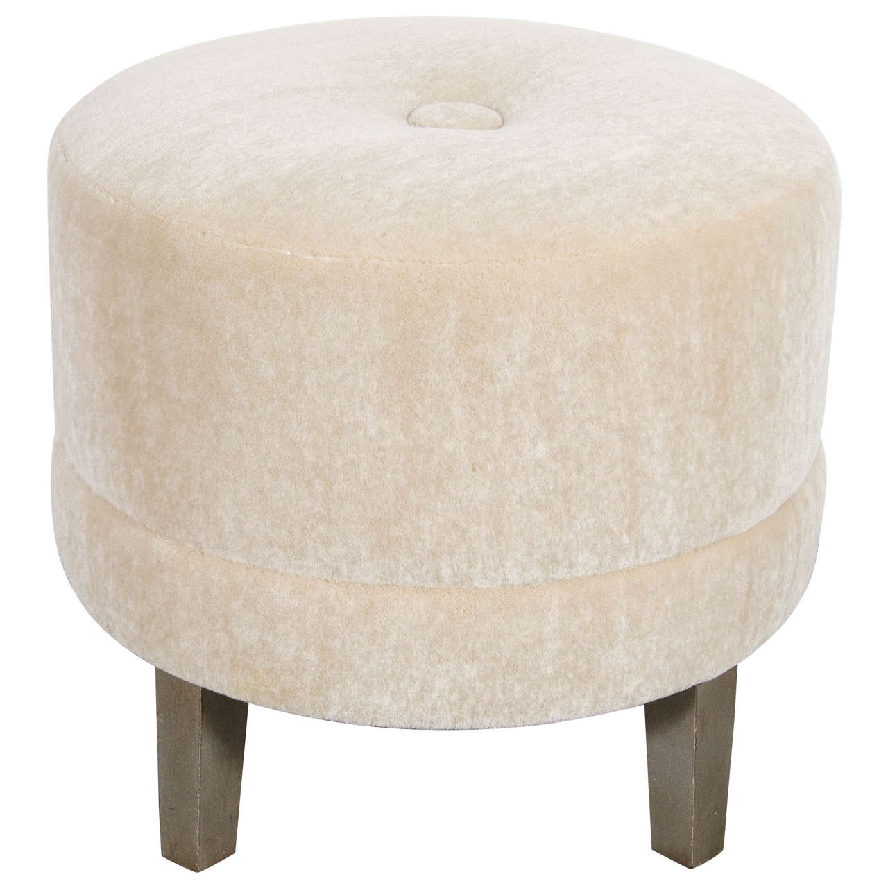 Art Deco Round Stool in Camel Mohair with Button Detail and Silvered Legs