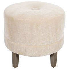 Vintage Art Deco Round Stool in Camel Mohair with Button Detail and Silvered Legs
