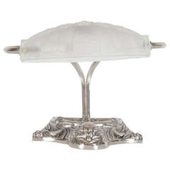 Elegant Art Deco Table Lamp in Nickeled Bronze and Relief Frosted Glass