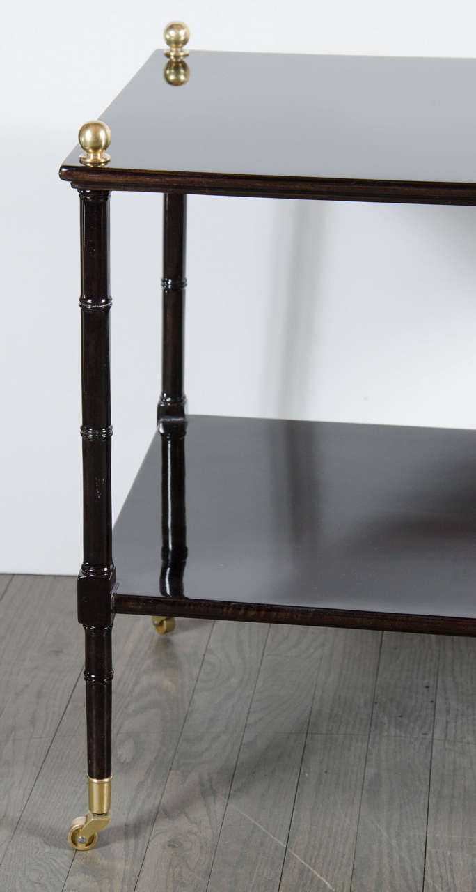 American Mid-Century Modern Two-Tier Occasional Table in Ebonized Walnut and Brass