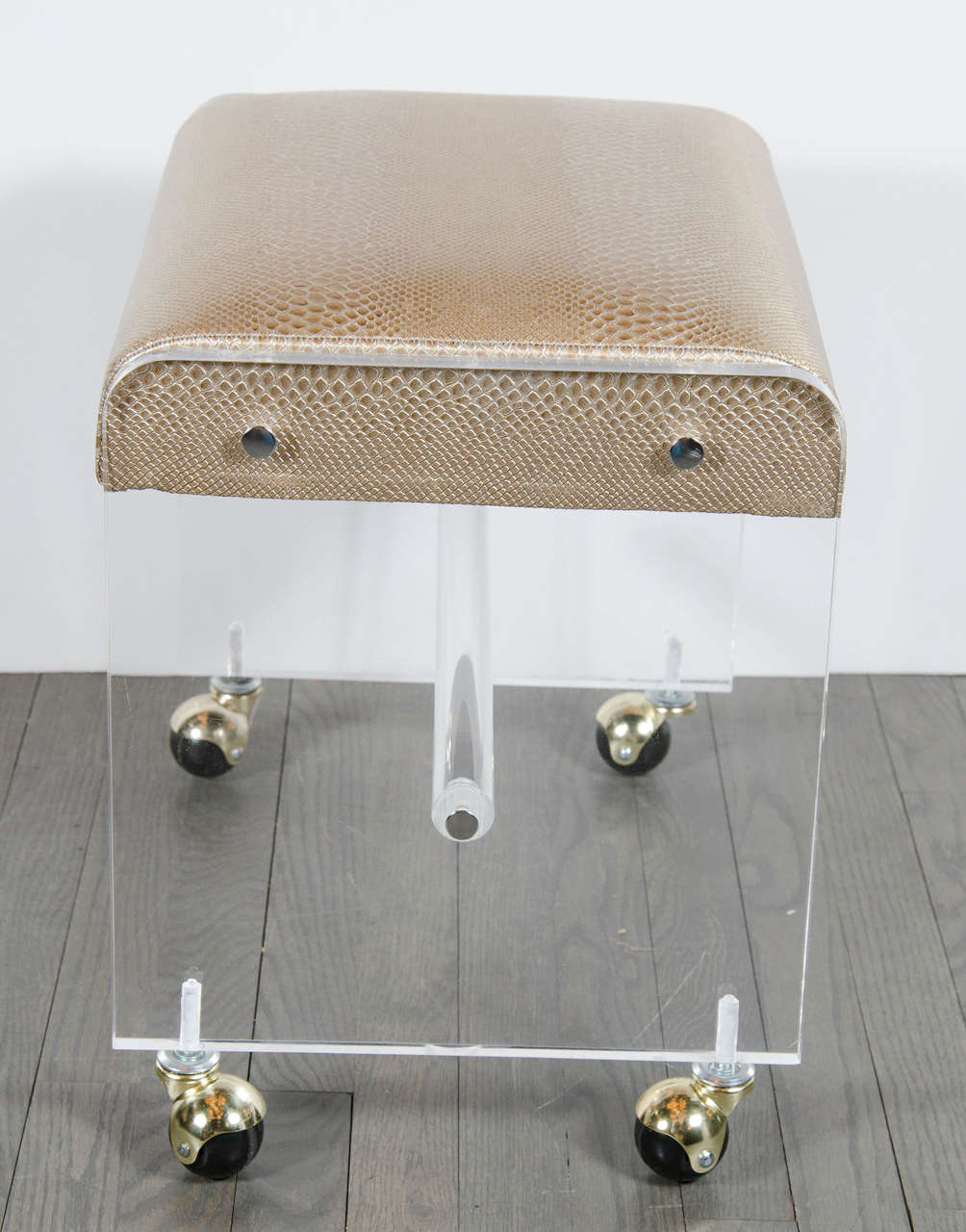 American Ultra Chic Mid-Century Modernist Lucite Stool with Faux Bronze Python Upholstery
