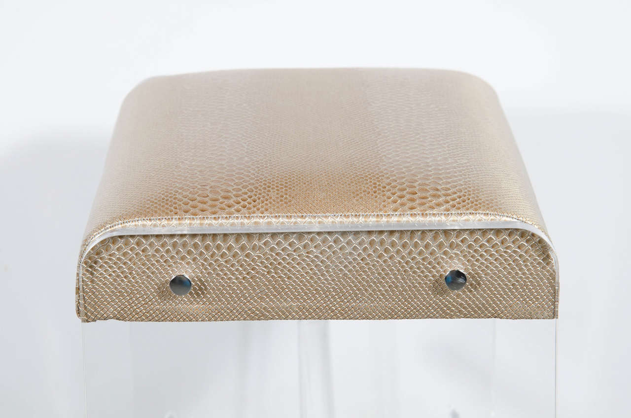 Ultra Chic Mid-Century Modernist Lucite Stool with Faux Bronze Python Upholstery In Excellent Condition In New York, NY