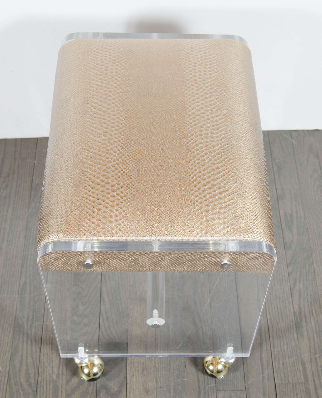Late 20th Century Ultra Chic Mid-Century Modernist Lucite Stool with Faux Bronze Python Upholstery