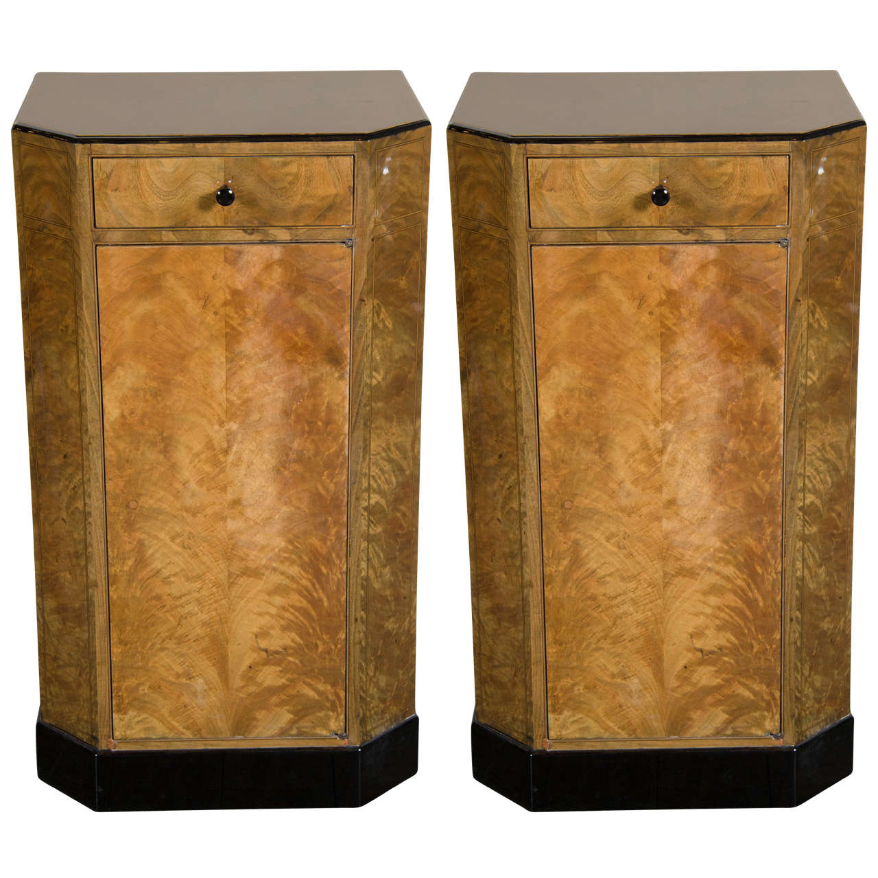 Pair of Art Deco Skyscraper Style Night Stands / End Tables in Book-Matched Elm