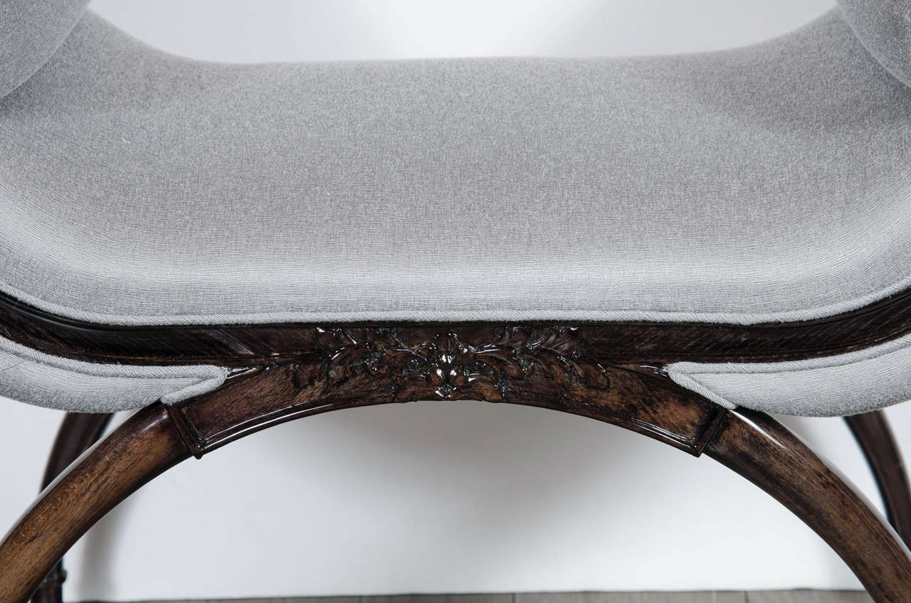 1940s Hollywood Regency Scroll Form Bench by Grosfeld House in Ebonized Walnut In Excellent Condition In New York, NY