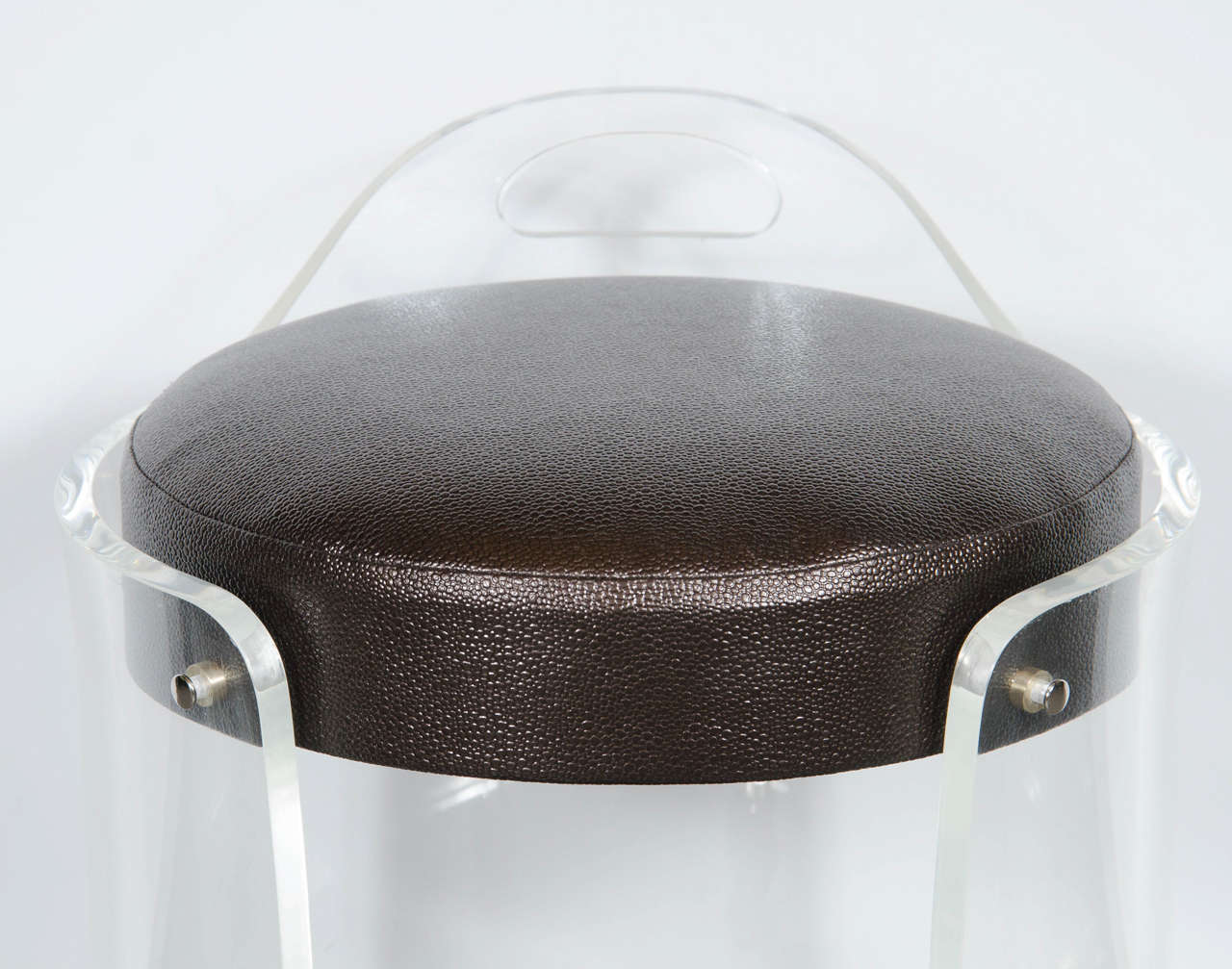 American Mid-Century Modernist Round Lucite Stool with Faux Bronze Shagreen Upholstery