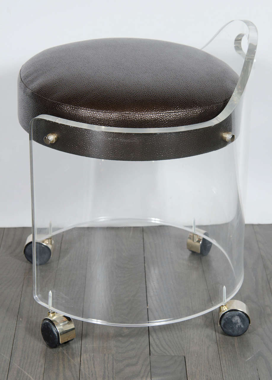 Late 20th Century Mid-Century Modernist Round Lucite Stool with Faux Bronze Shagreen Upholstery