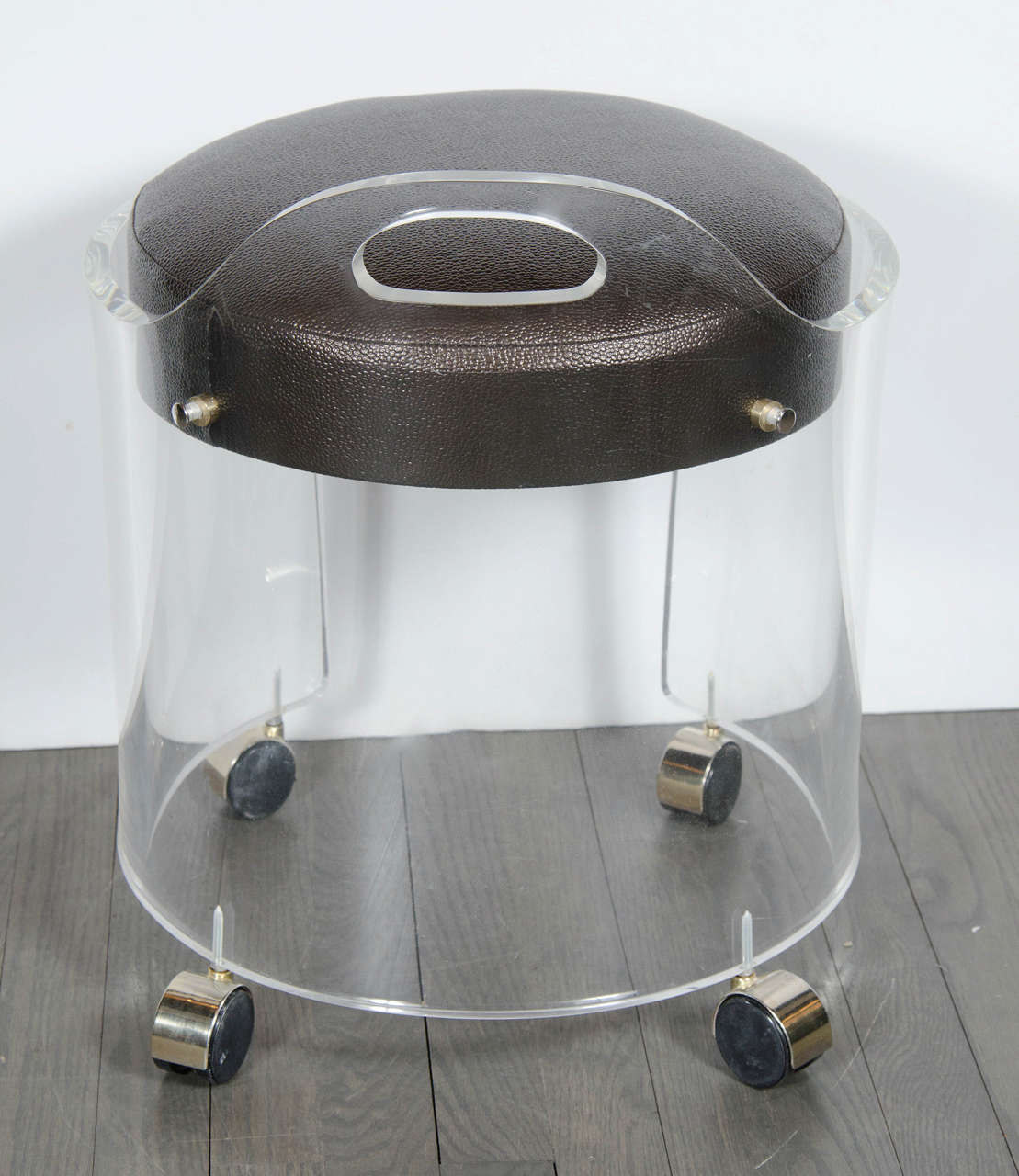 Mid-Century Modernist Round Lucite Stool with Faux Bronze Shagreen Upholstery 1