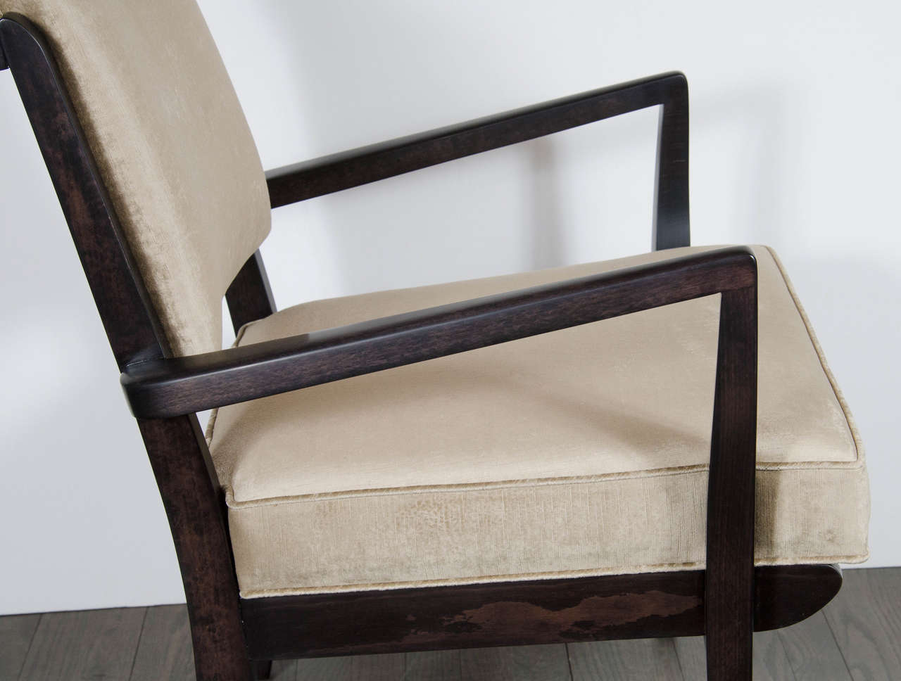 Mid-20th Century Luxe Pair of Mid-Century Modernist Occasional Armchairs in Hand-Rubbed Walnut For Sale