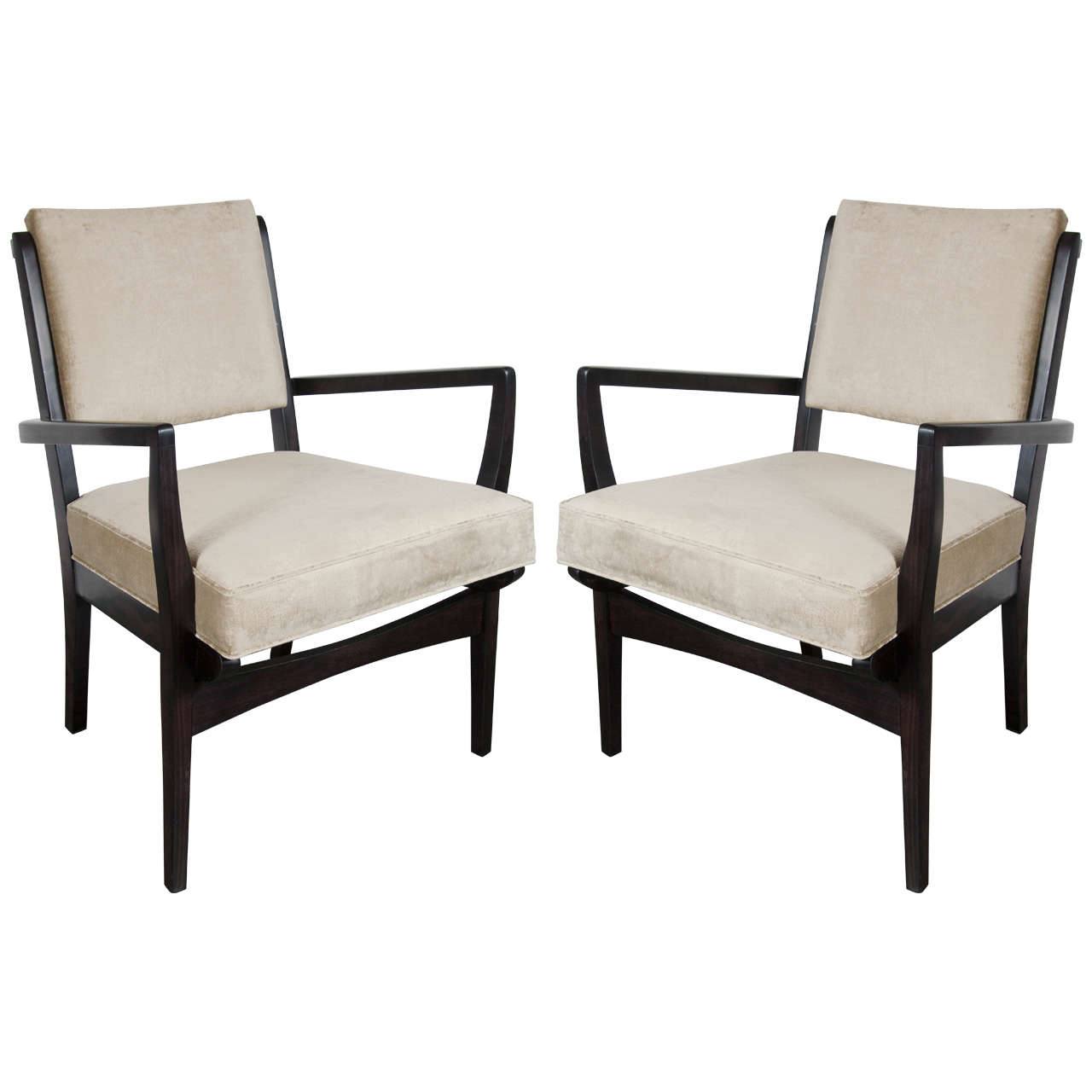 Luxe Pair of Mid-Century Modernist Occasional Armchairs in Hand-Rubbed Walnut